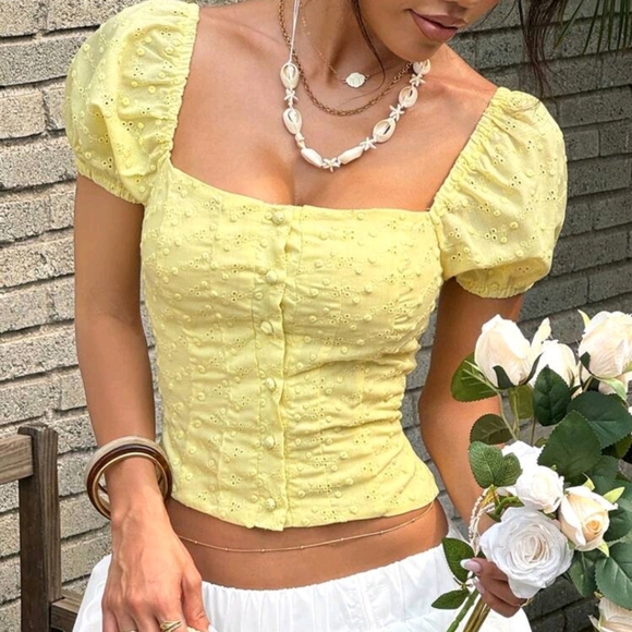 Women's Casual Summer Holiday Daily Solid Color Embroidered Puff Sleeve Tie Shir - Picture 1 of 4